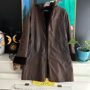 Vintage À Propos Brown Trench Coat with Faux Fur Trim Small